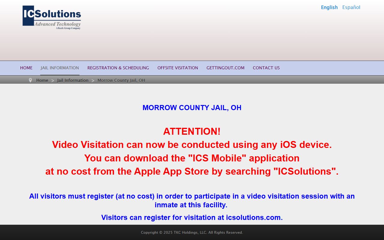 Morrow County Correctional Facility video visitation registration page