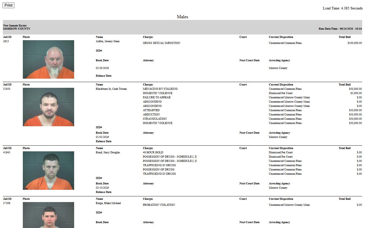 Morrow County inmate population jail roster with booking rows