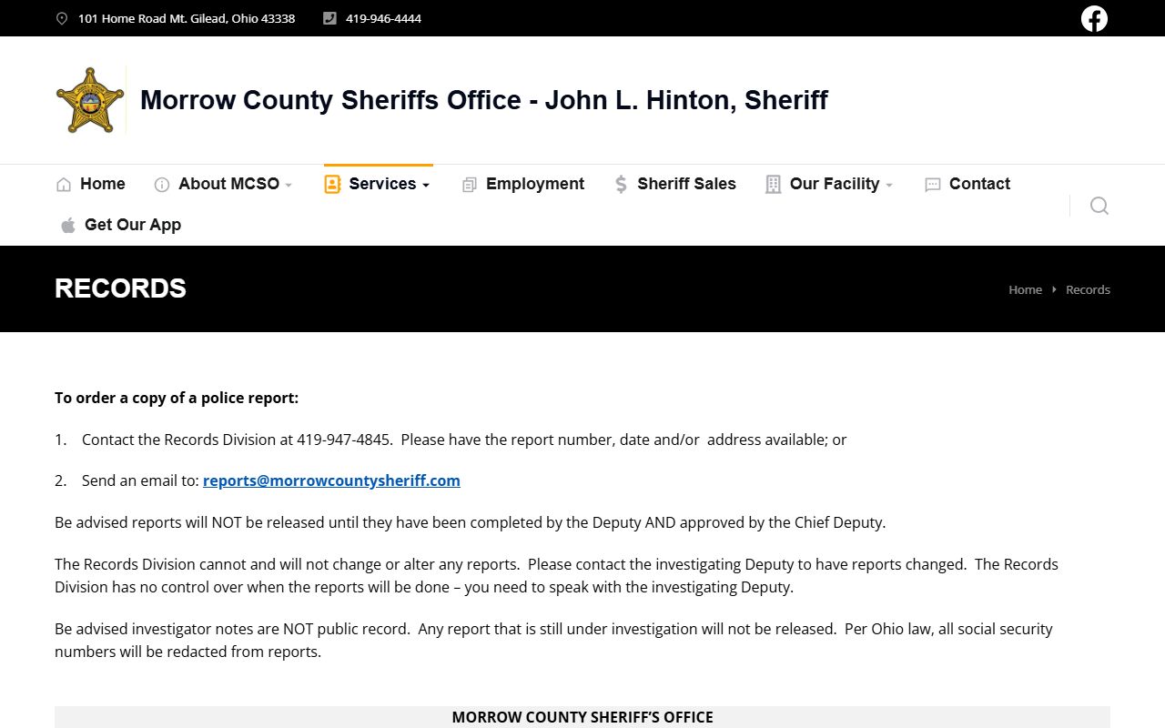 Morrow County inmate records sheriff records request channel